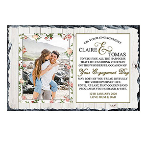 Personalised Engagement Slate Gift - Family Crests and Photo - Beige Background